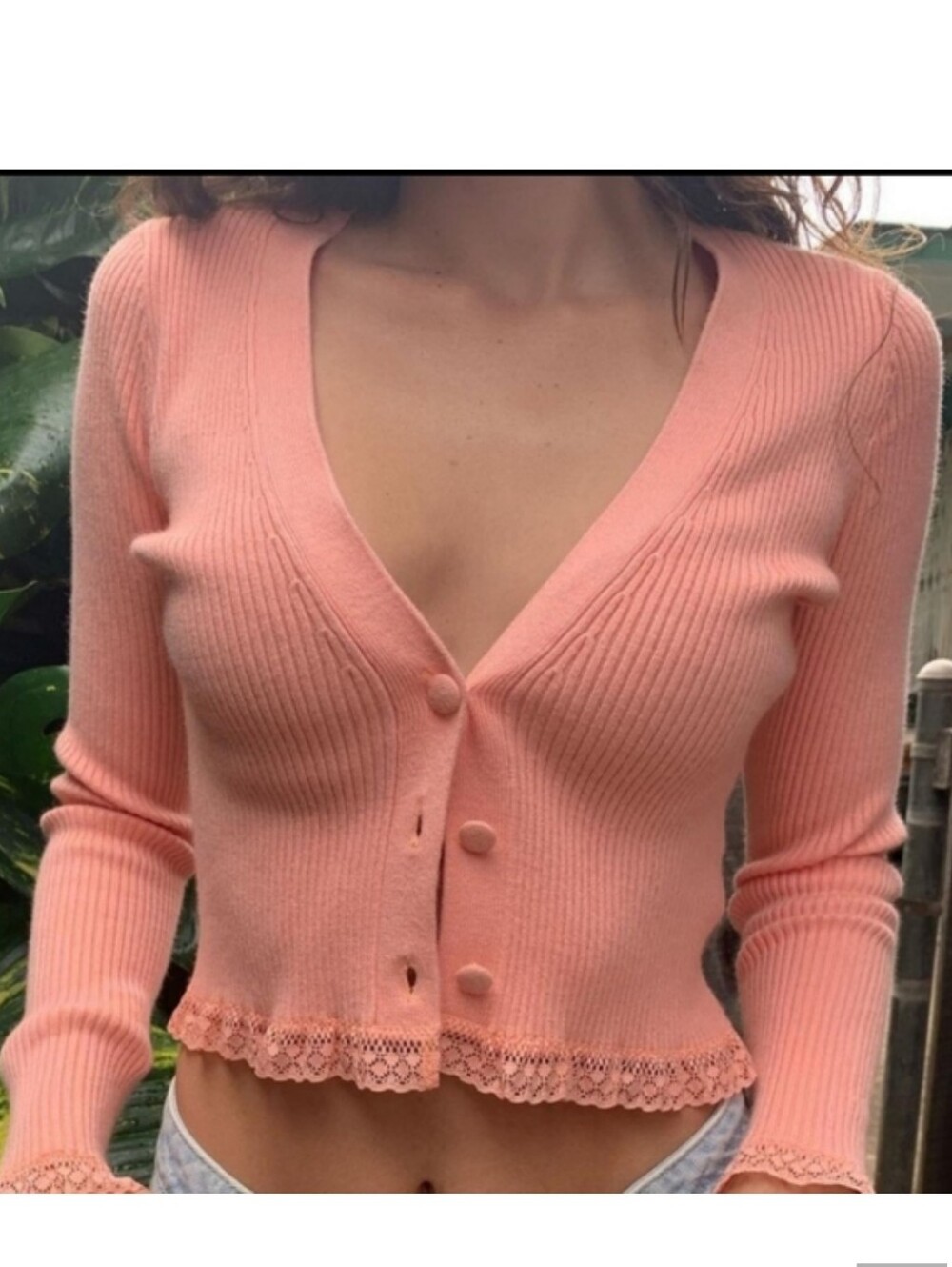 For Love & Lemons Nina Ribbed Cardigan Sweater Lace Trim Small